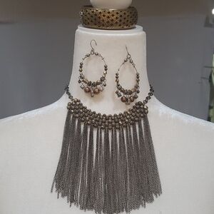 Chic Bronze Fringe Necklace and Earring Set